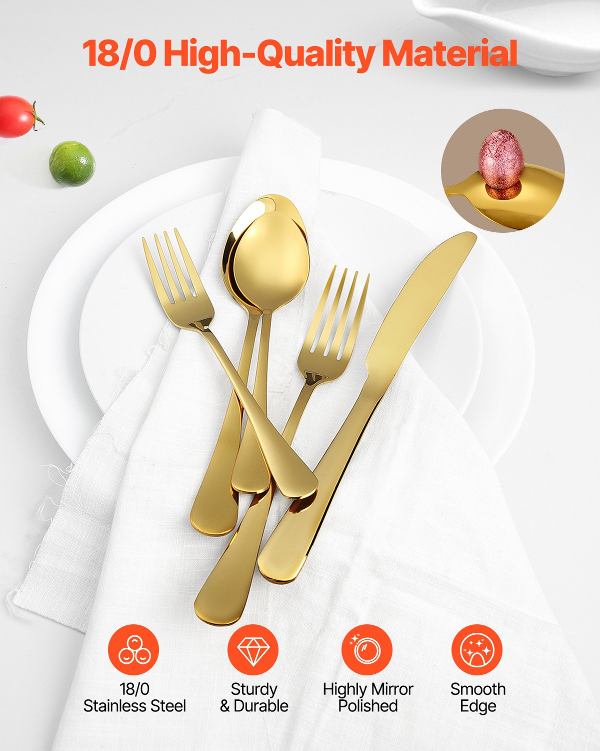 Start2Finish VEVOR 60-piece gold and silver stainless steel flatware set with knife, fork, spoon, mirror finish, dishwasher safe.