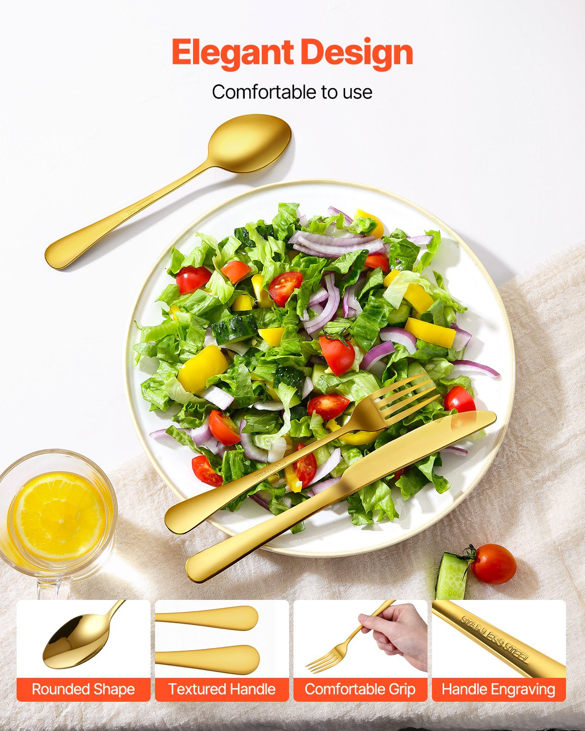 Start2Finish VEVOR 60-piece gold and silver stainless steel flatware set with knives, forks, and spoons for home dining.