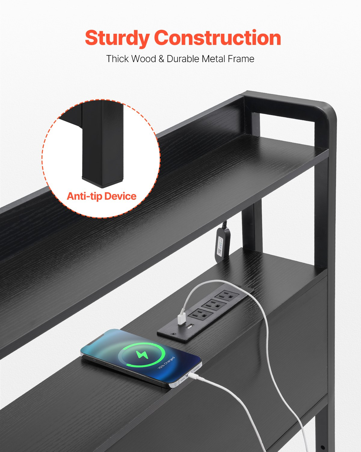 Black queen size VEVOR headboard with adjustable height, built-in shelves, charging station, LED light, and easy assembly.