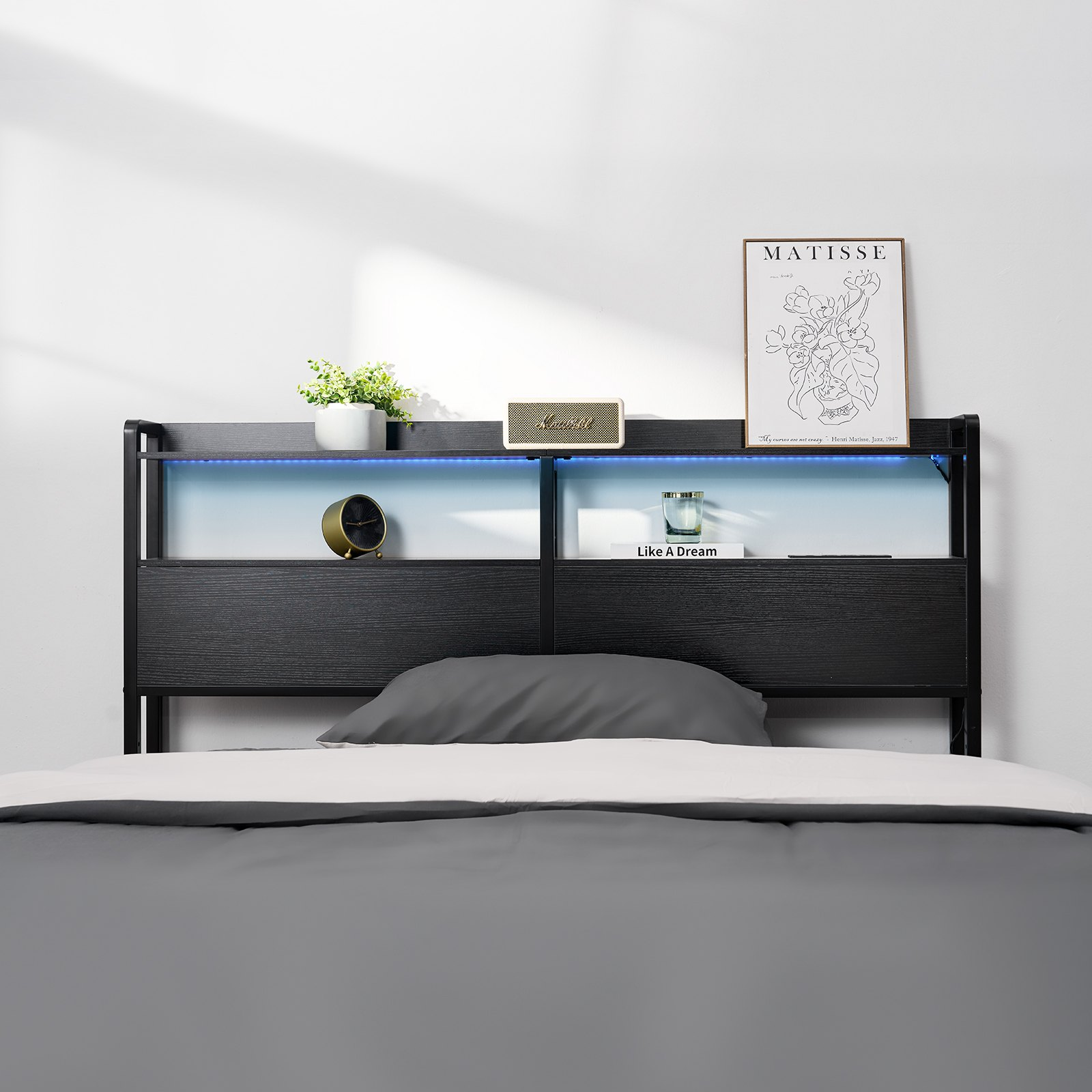 Start2Finish black queen size headboard with adjustable height, built-in shelves, charging station, LED light, and easy assembly.