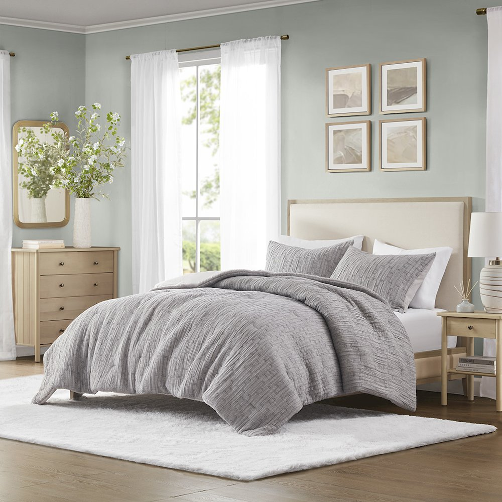 Start2Finish Arlo oversized comforter set in charcoal color, showing the plush, textured fabric and full bed coverage.