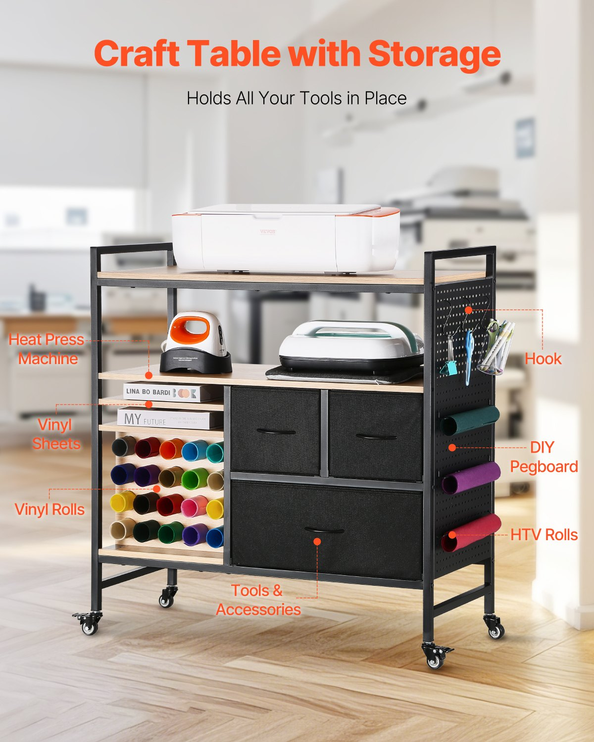 Start2Finish VEVOR rolling craft cart with 20 vinyl roll holders, 3 drawers, black craft storage table for Cricut and crafting organization.