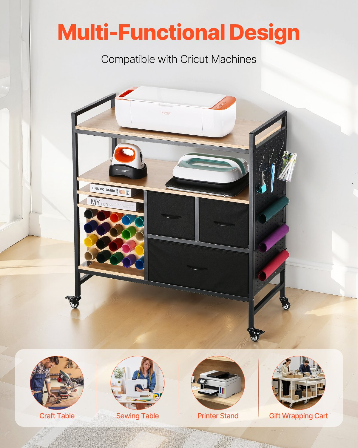Start2Finish VEVOR craft rolling cart with 20 vinyl roll holders, 3 drawers, black craft storage table and Cricut machine workspace