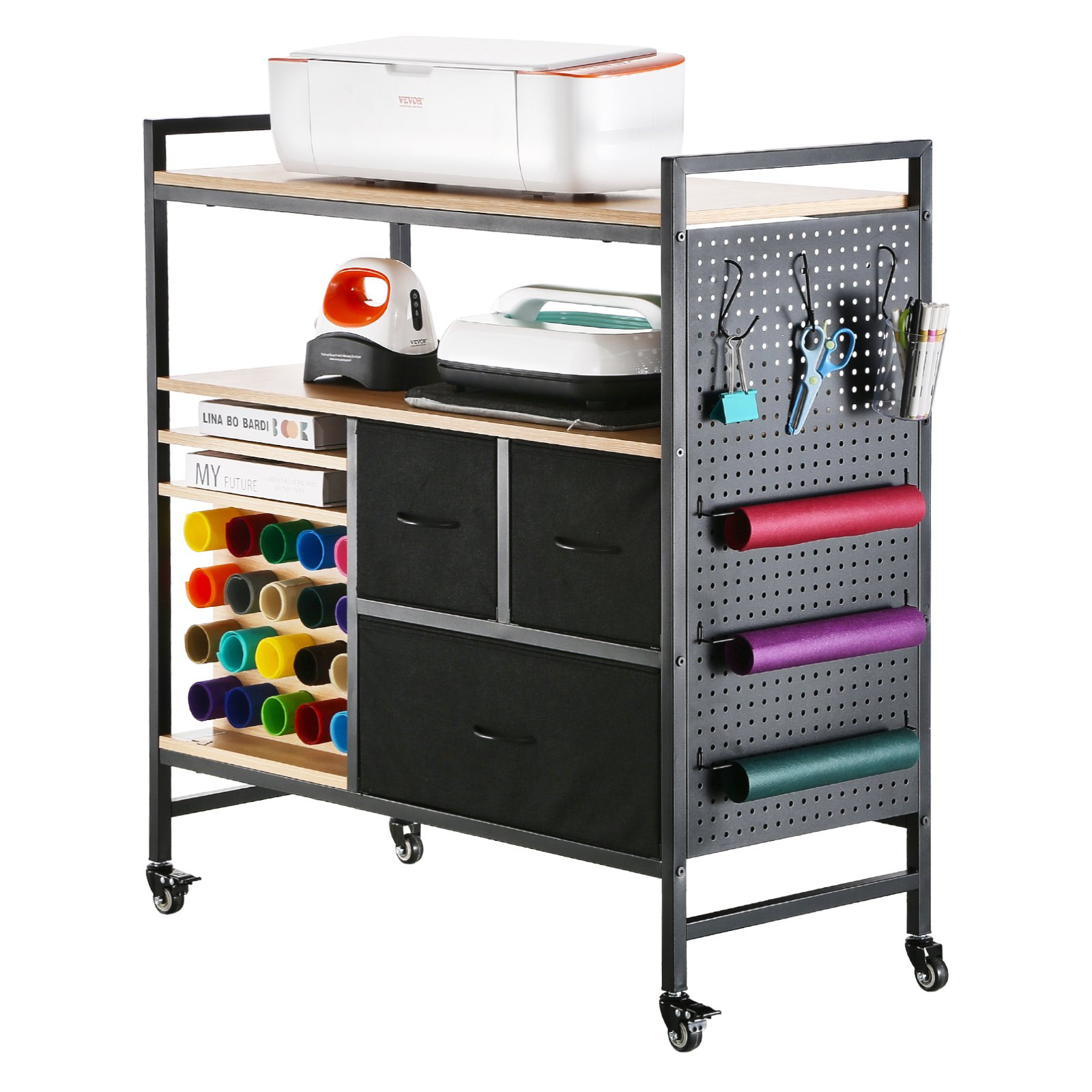 Start2Finish VEVOR rolling craft cart with black finish, 20 vinyl roll holders, 3 drawers, designed for Cricut machine organization.