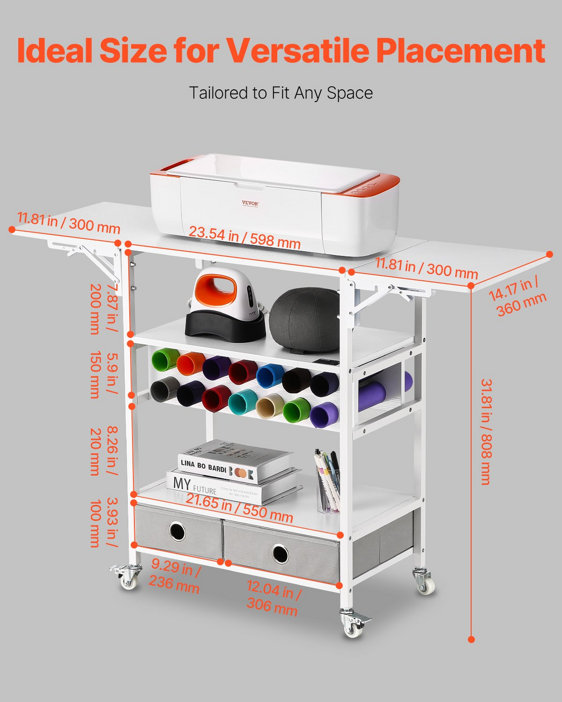 Start2Finish VEVOR rolling craft cart with foldable sides, vinyl roll holders, and drawers, designed for Cricut machine storage and organization.