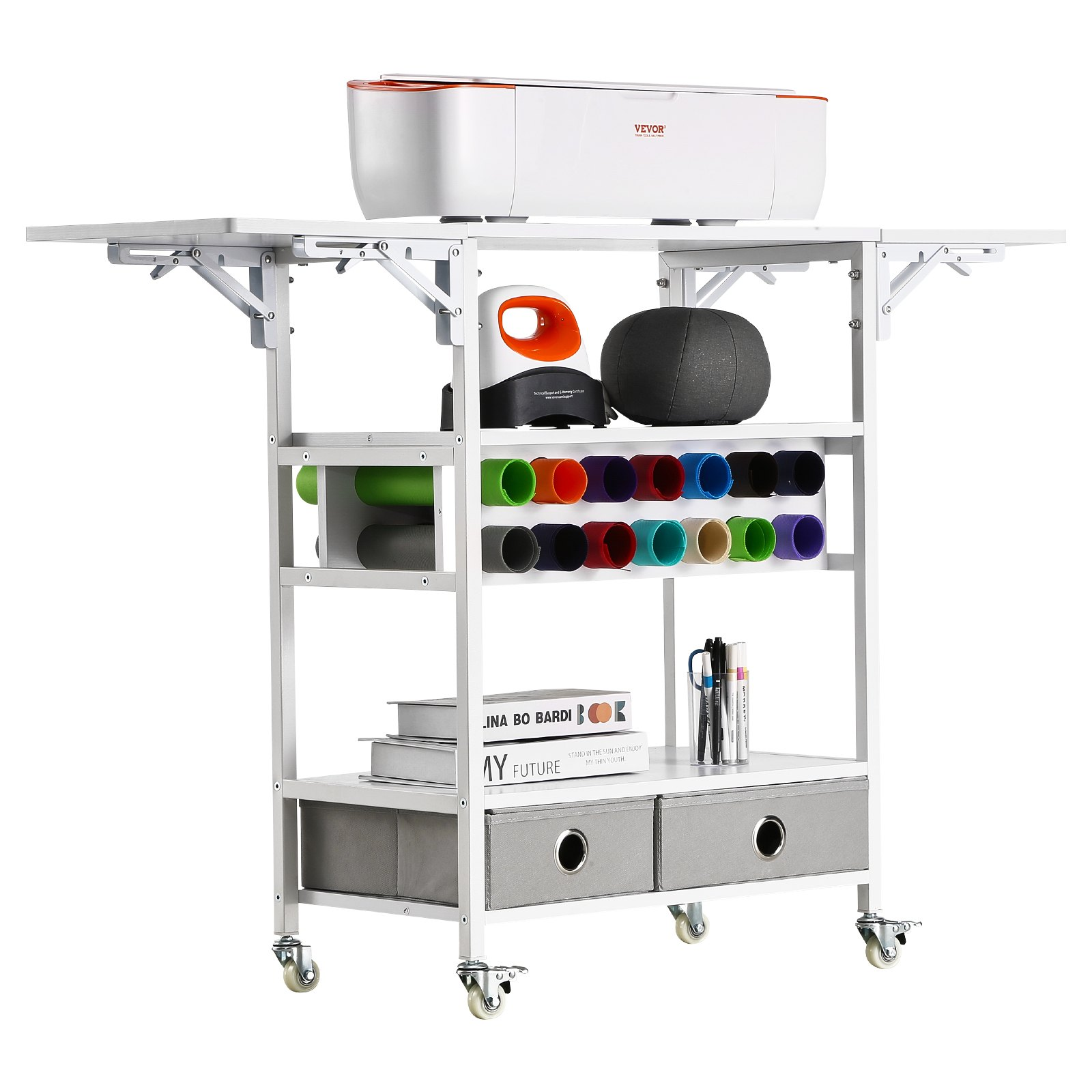 Start2Finish VEVOR rolling craft cart with foldable sides, vinyl roll holders, and drawers, designed for Cricut machines and craft storage.