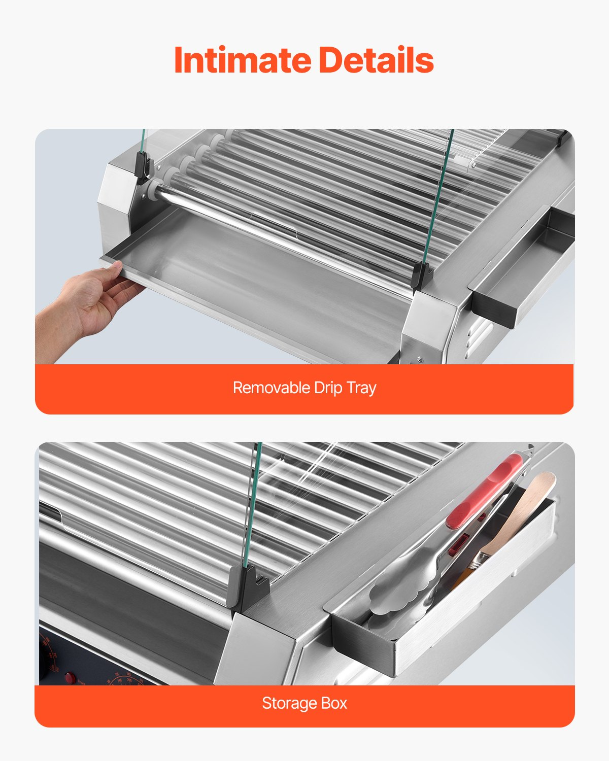 Start2Finish VEVOR hot dog roller grill with 11 stainless steel rollers, dual temp control, cover, side storage, and oil drip tray.
