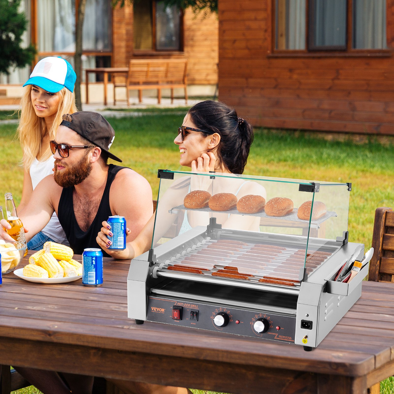 Start2Finish VEVOR hot dog roller grill with 30 hot dog capacity, stainless steel construction, dual temp control, and side storage.