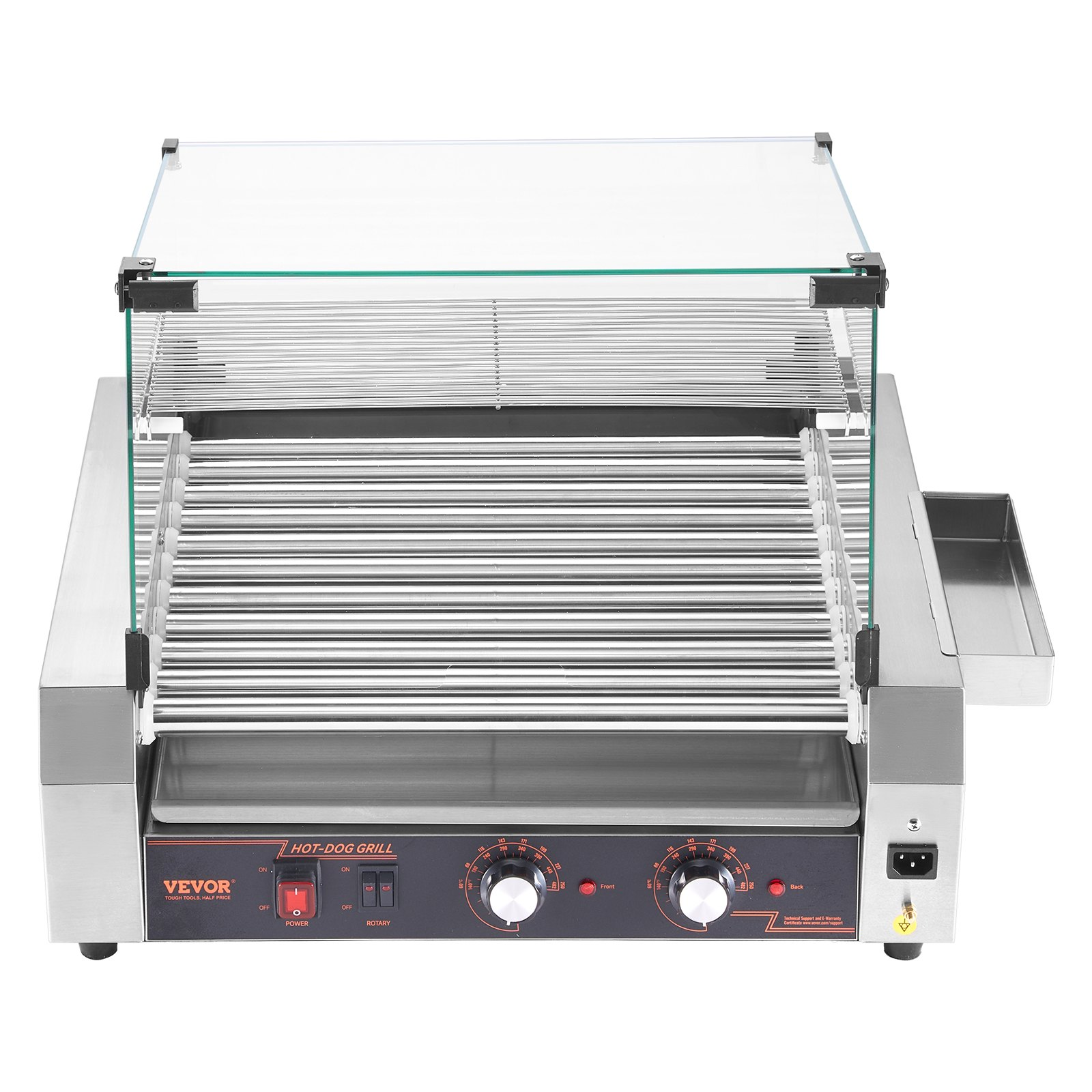 Start2Finish VEVOR hot dog roller grill with 11 stainless steel rollers, dual temp control, cover, side storage, and oil drip tray.