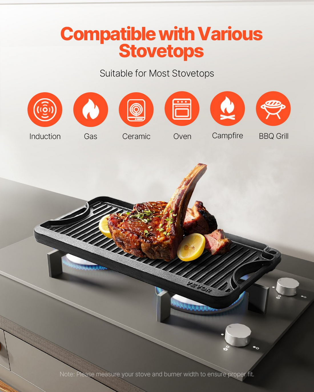 Start2Finish VEVOR 20x10 inch cast iron reversible grill and griddle with handle, black portable cookware for indoor and outdoor use