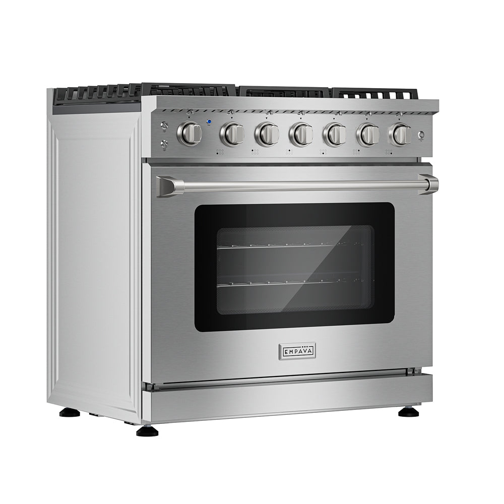 Start2Finish Empava 36-inch pro-style slide-in gas range with a single oven, featuring control knobs and stainless steel finish.