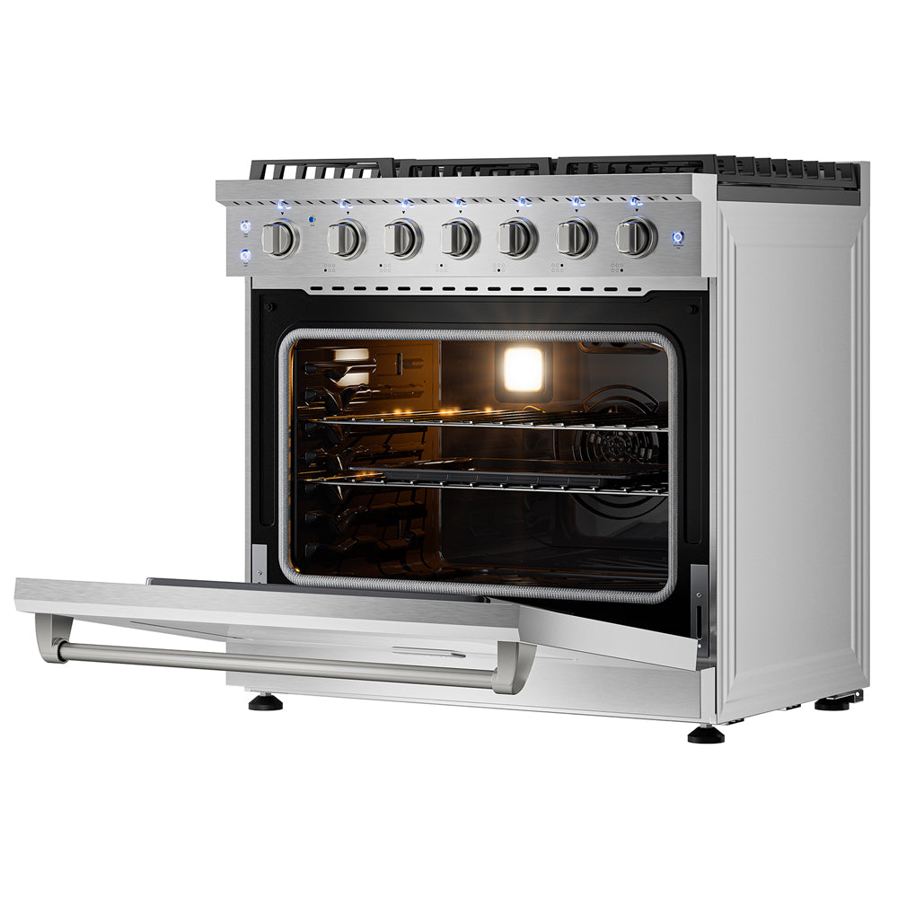 Empava 36-inch pro-style slide-in gas range with dual ovens, stainless steel finish, and control knobs on the front.