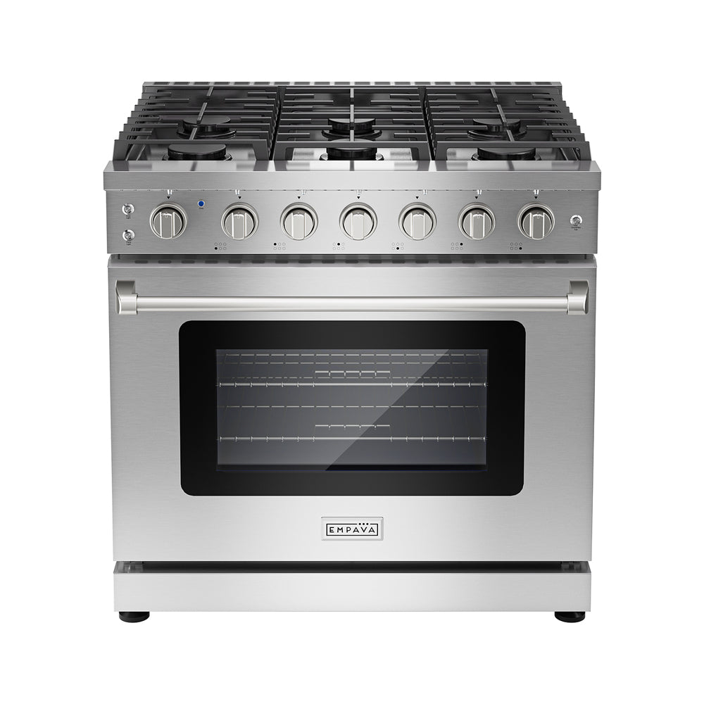 Empava 36-inch pro-style slide-in gas range with single oven, stainless steel finish, and control knobs on the front.