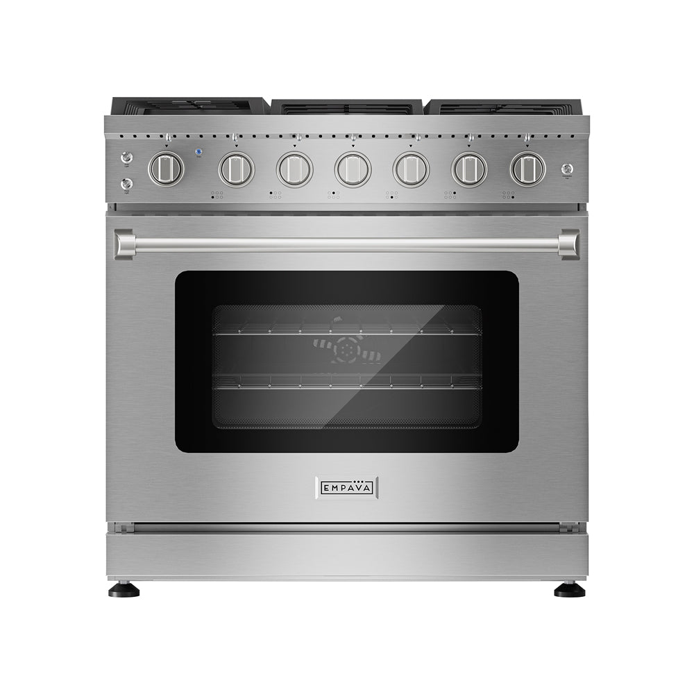 Empava 36-inch pro-style slide-in gas range with a built-in oven, stainless steel finish, and control knobs in a modern kitchen setting.