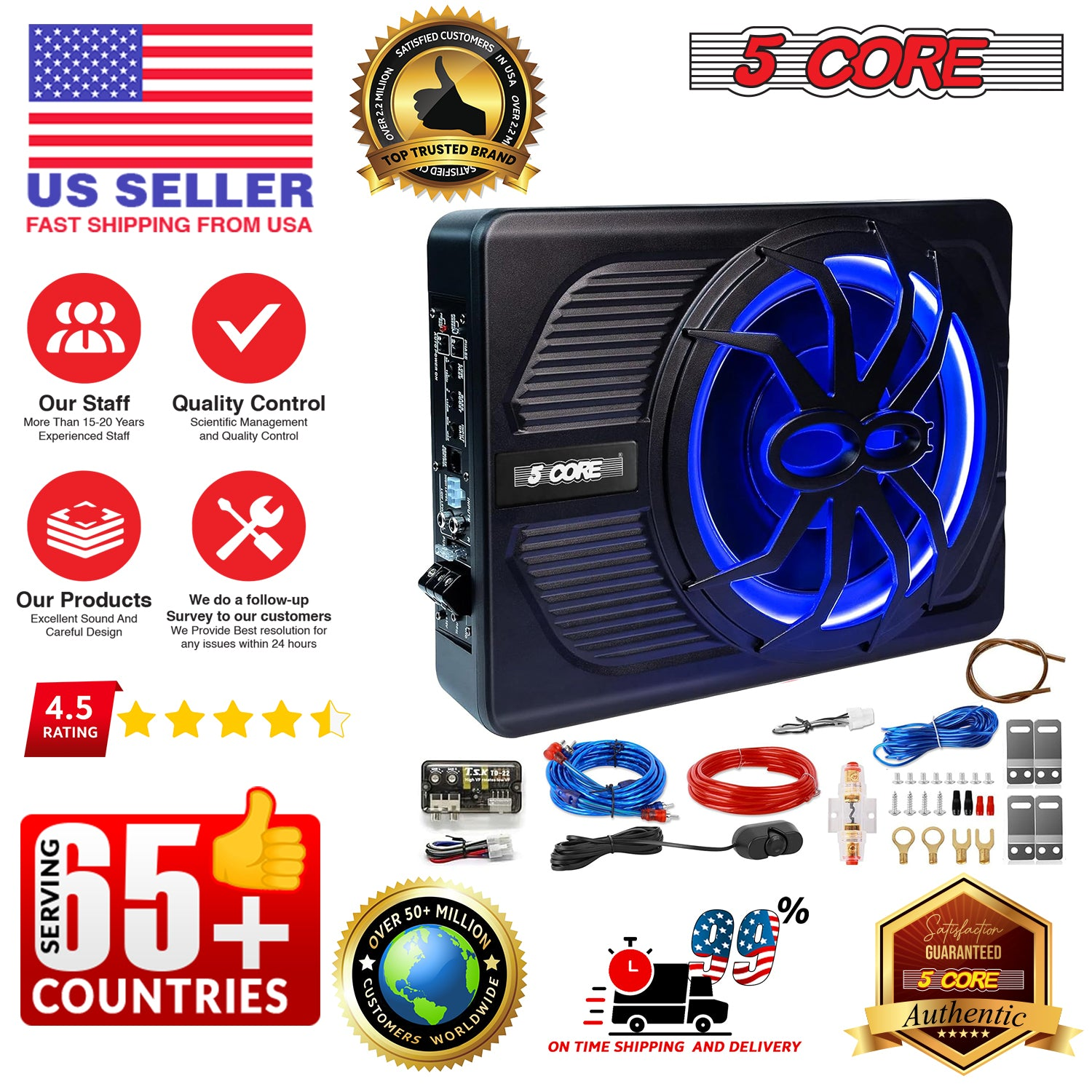 Start2Finish 10-inch slim under-seat car audio subwoofer with built-in amplifier, LED light, 800W power, designed for automotive use.