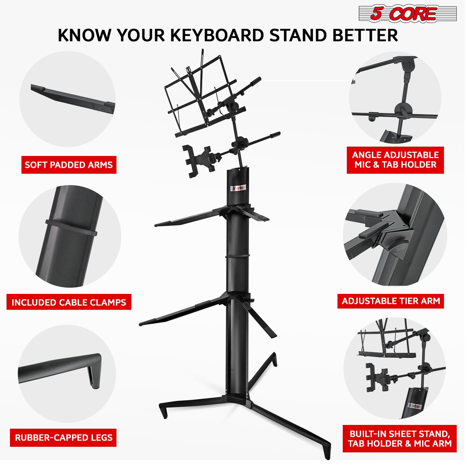 Start2Finish 5 Core keyboard stand, 2-tier aluminum column for 61, 76, or 88-key keyboards, heavy-duty musical instrument stand
