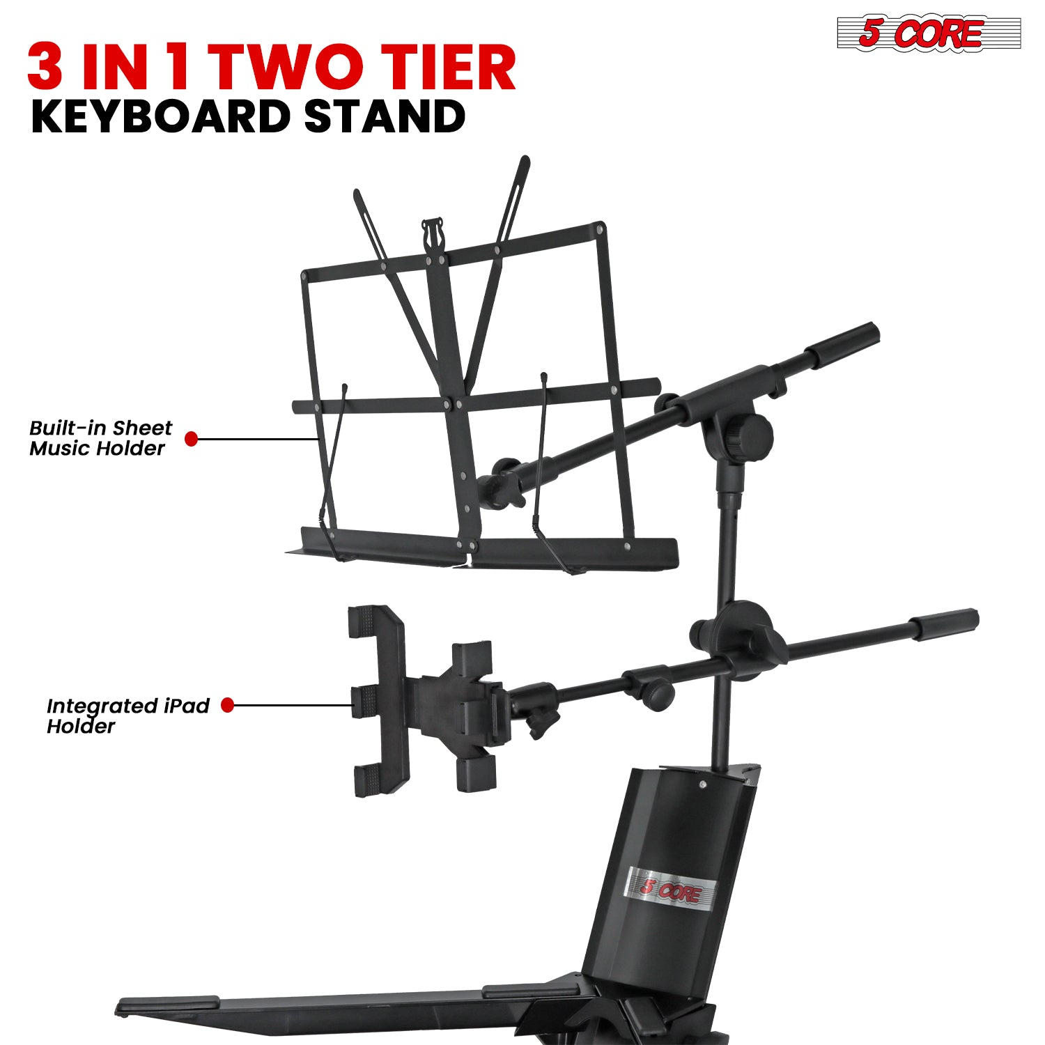 Start2Finish 2-tier keyboard stand for 61, 76, 88-key keyboards, heavy-duty aluminum construction, adjustable and sturdy.