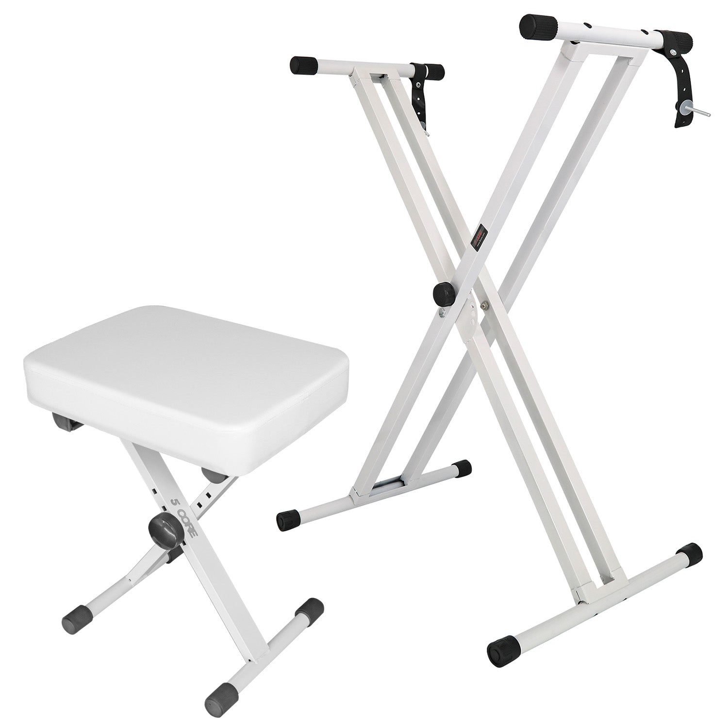 Start2Finish 5-core keyboard stand and padded musician chair set with adjustable piano bench for musical instrument setup.