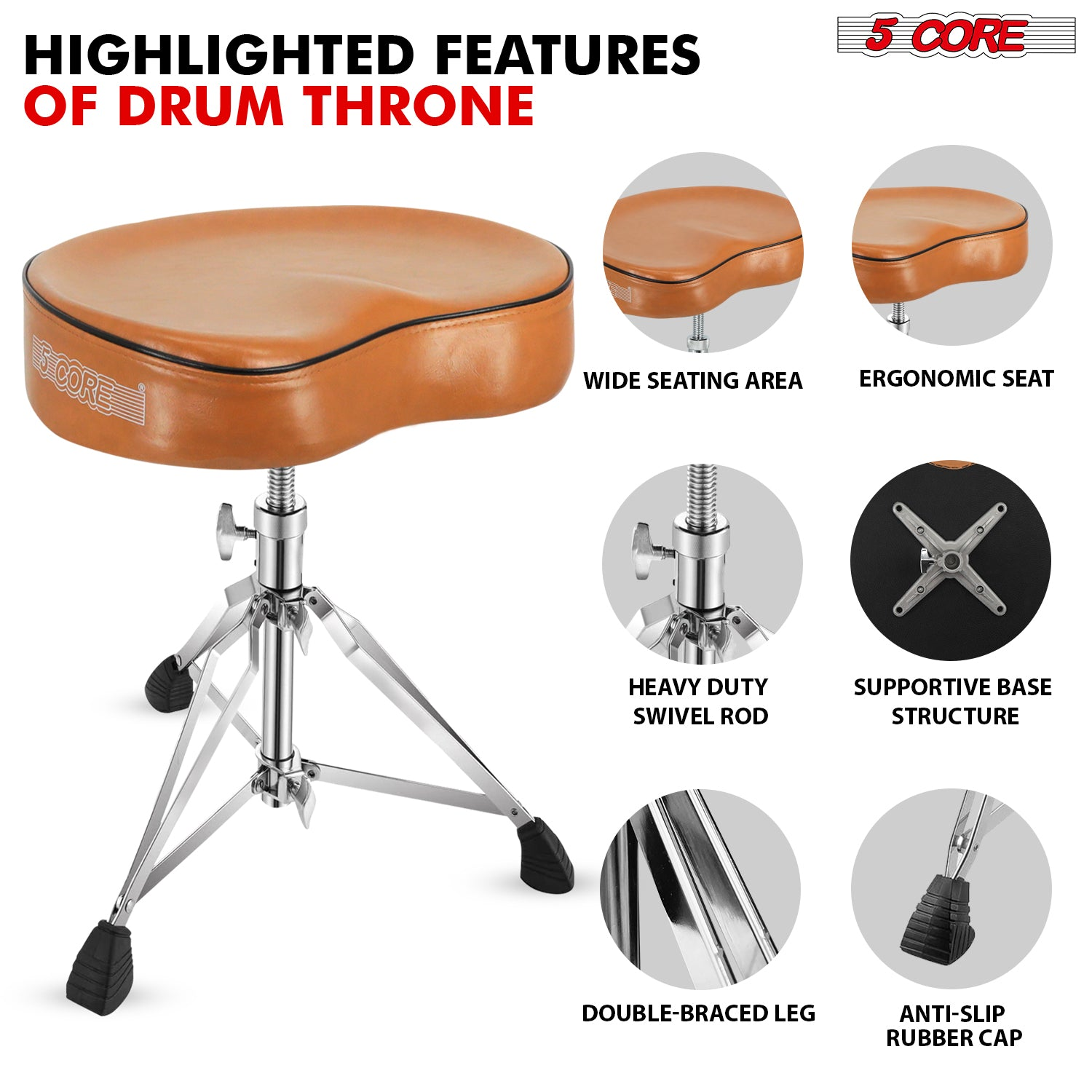 Start2Finish 5 Core drum throne with 4-inch padded saddle seat, heavy-duty adjustable drumming chair for musicians.