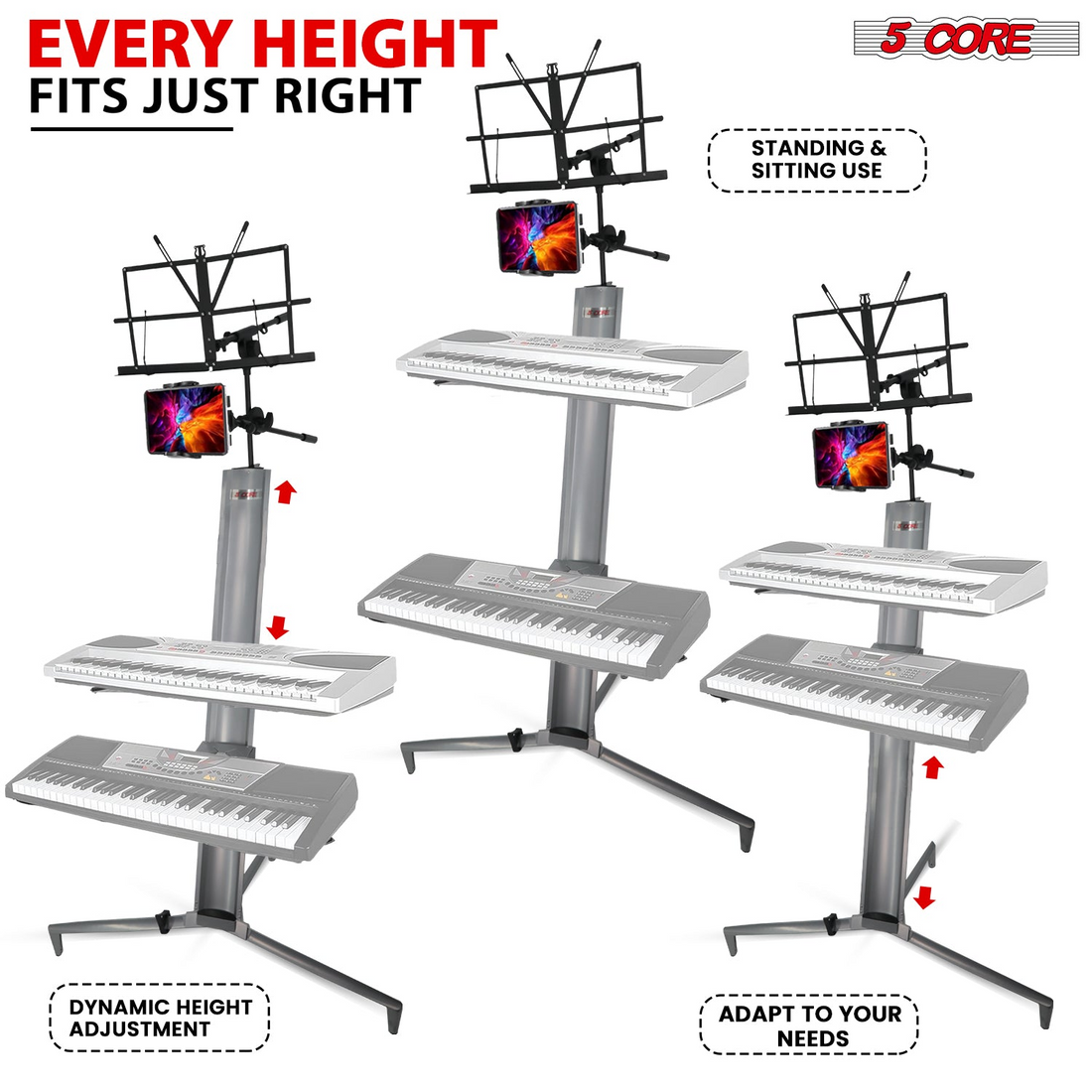 Start2Finish 5-core keyboard stand, 2-tier aluminum column for 61, 76, 88-key keyboards, heavy-duty musical instrument stand