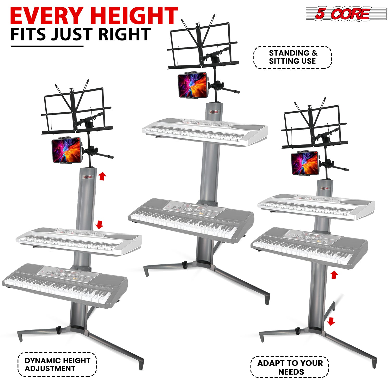 Start2Finish 5-core keyboard stand, 2-tier aluminum column for 61, 76, 88-key keyboards, heavy-duty musical instrument stand