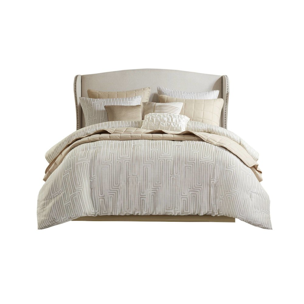 Ivory Royce luxury jacquard comforter set with matching pillow shams, featuring intricate woven patterns, from Start2Finish.