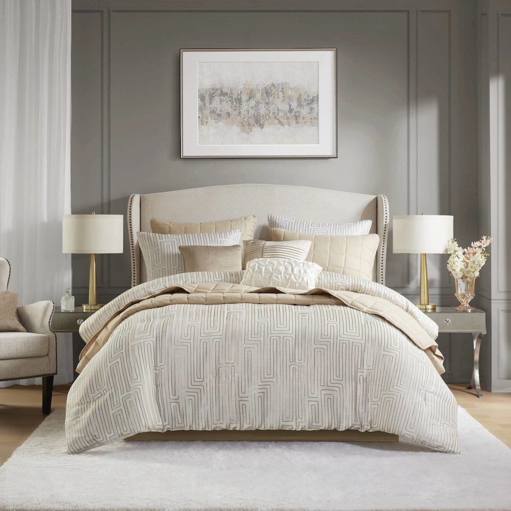 Start2Finish Royce 10-piece ivory luxury jacquard comforter set with decorative pillows and matching bed linens.