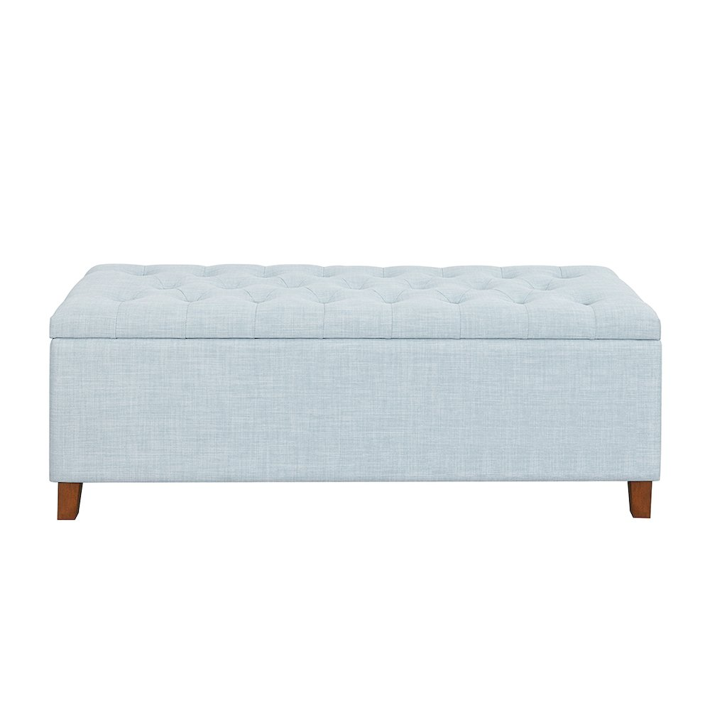 Light blue Shandra tufted upholstered storage bench by Start2Finish, showcasing a padded top and storage compartment.