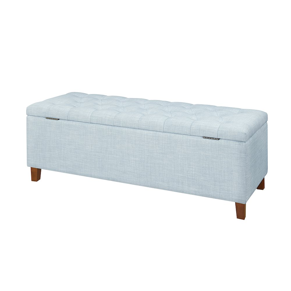 Light blue Shandra tufted upholstered storage bench with a cushioned top and wooden legs, ideal for living room or bedroom decor.