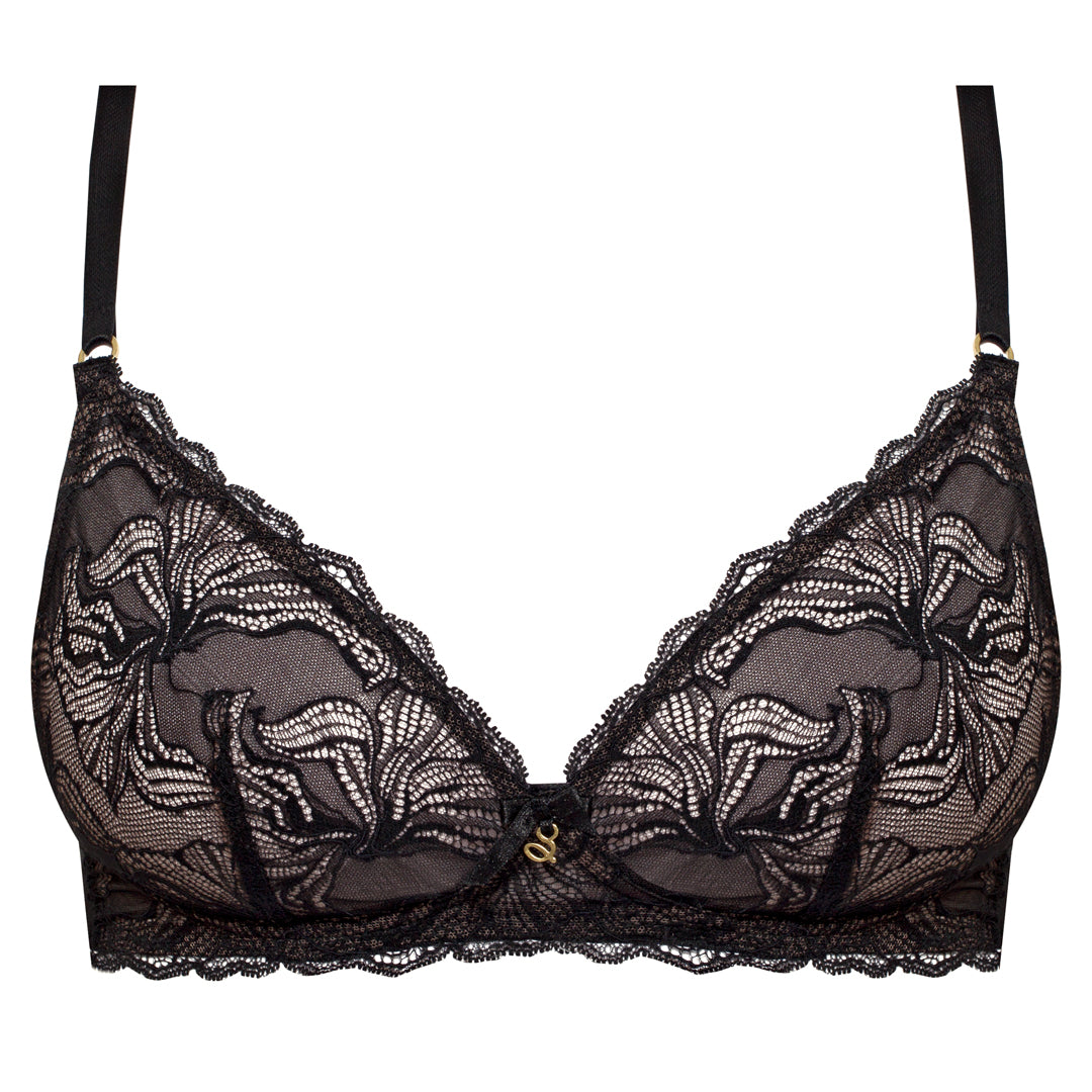 Sheer lace triangle wireless bra by Start2Finish, featuring delicate lace details and a comfortable, seamless design.