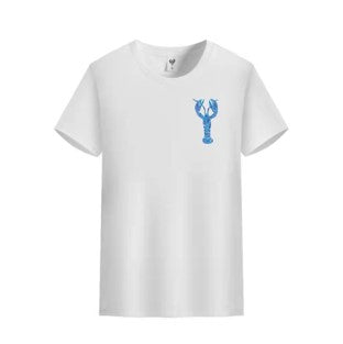 Blue T-shirt by Start2Finish featuring a pink lobster graphic on the chest, casual apparel with short sleeves and a round neckline.