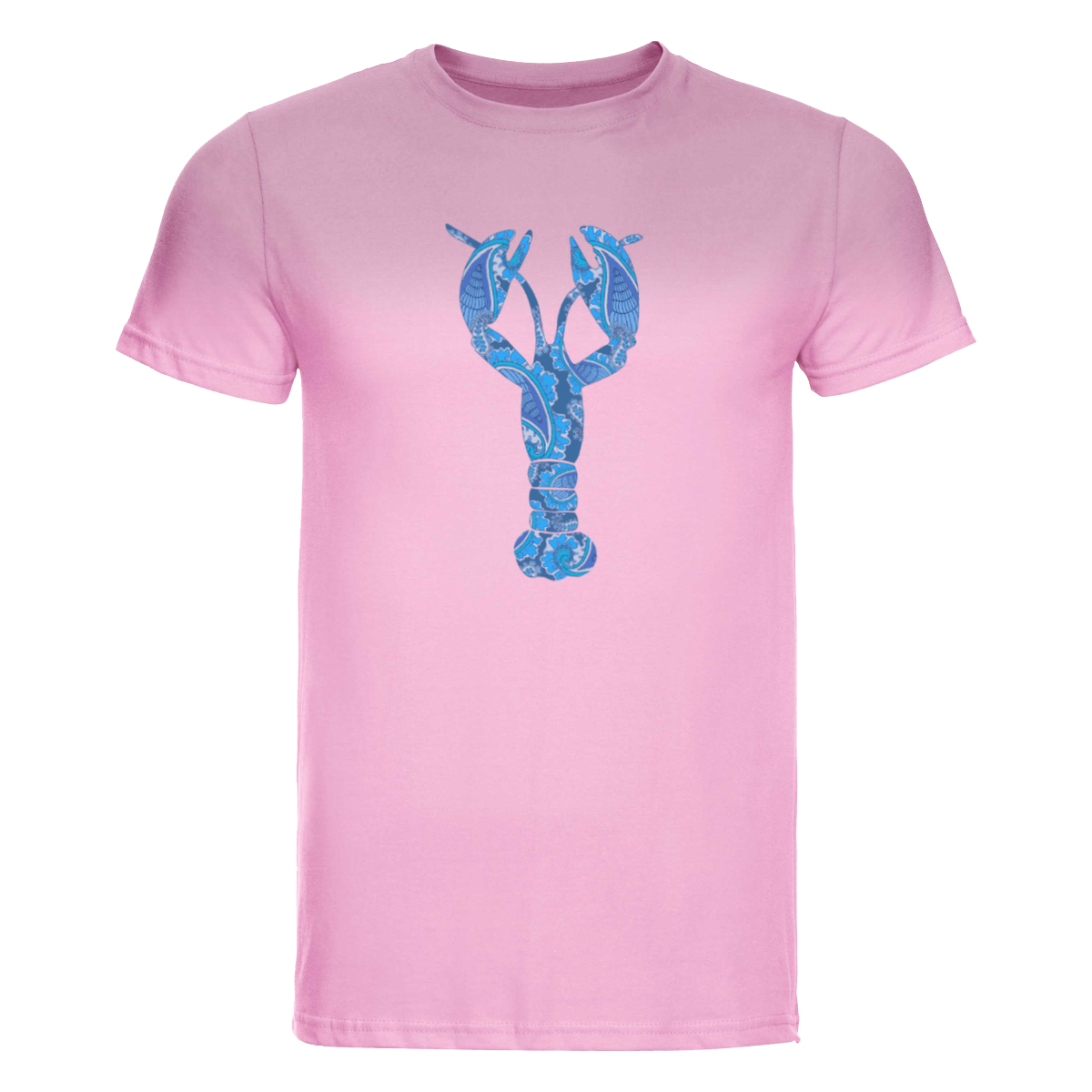 Start2Finish T-Shirt featuring a big blue lobster design on a pink background, casual apparel for seafood lovers.
