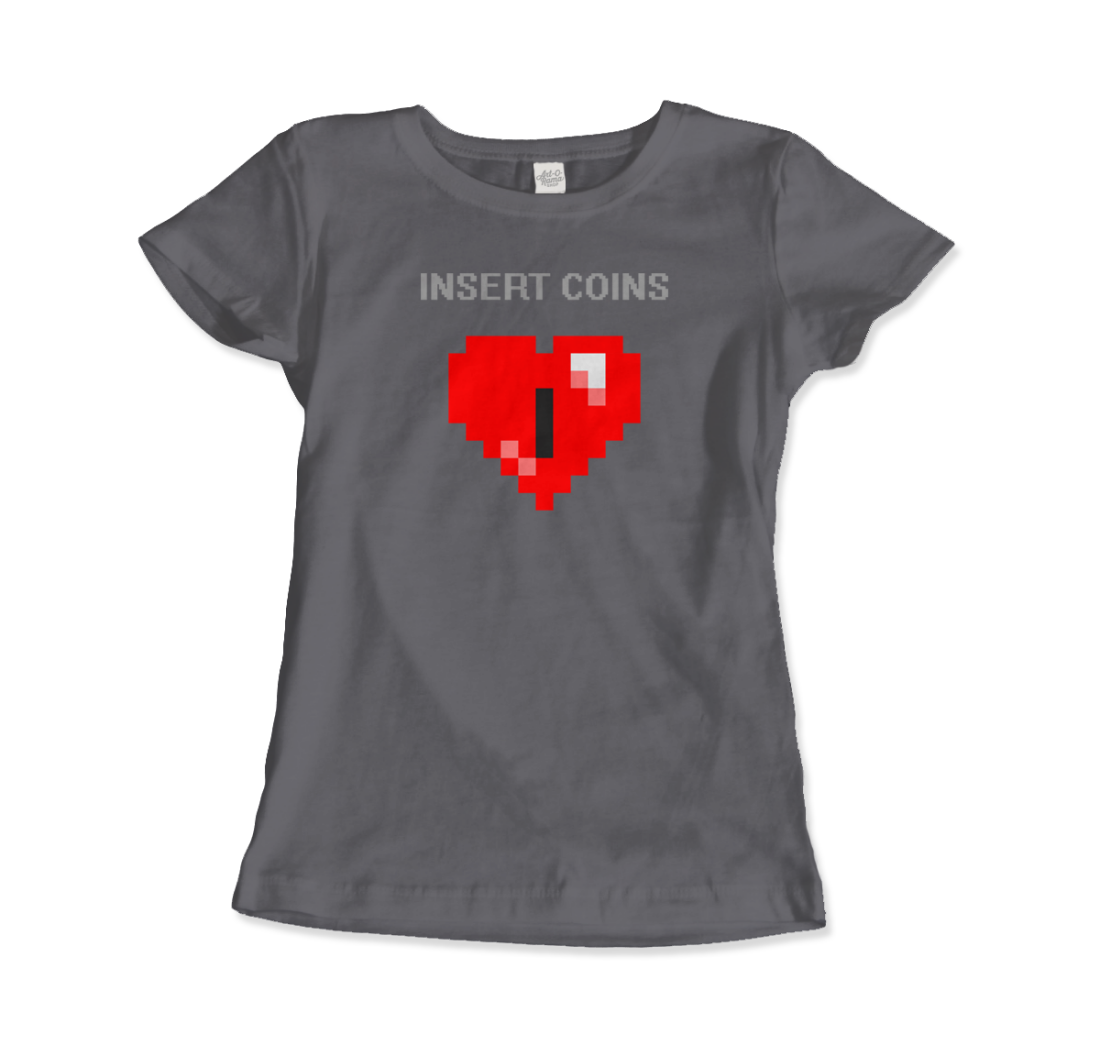 Start2Finish 8-bit Heart Insert Coins T-shirt, casual apparel featuring a pixelated heart and coin design on front.