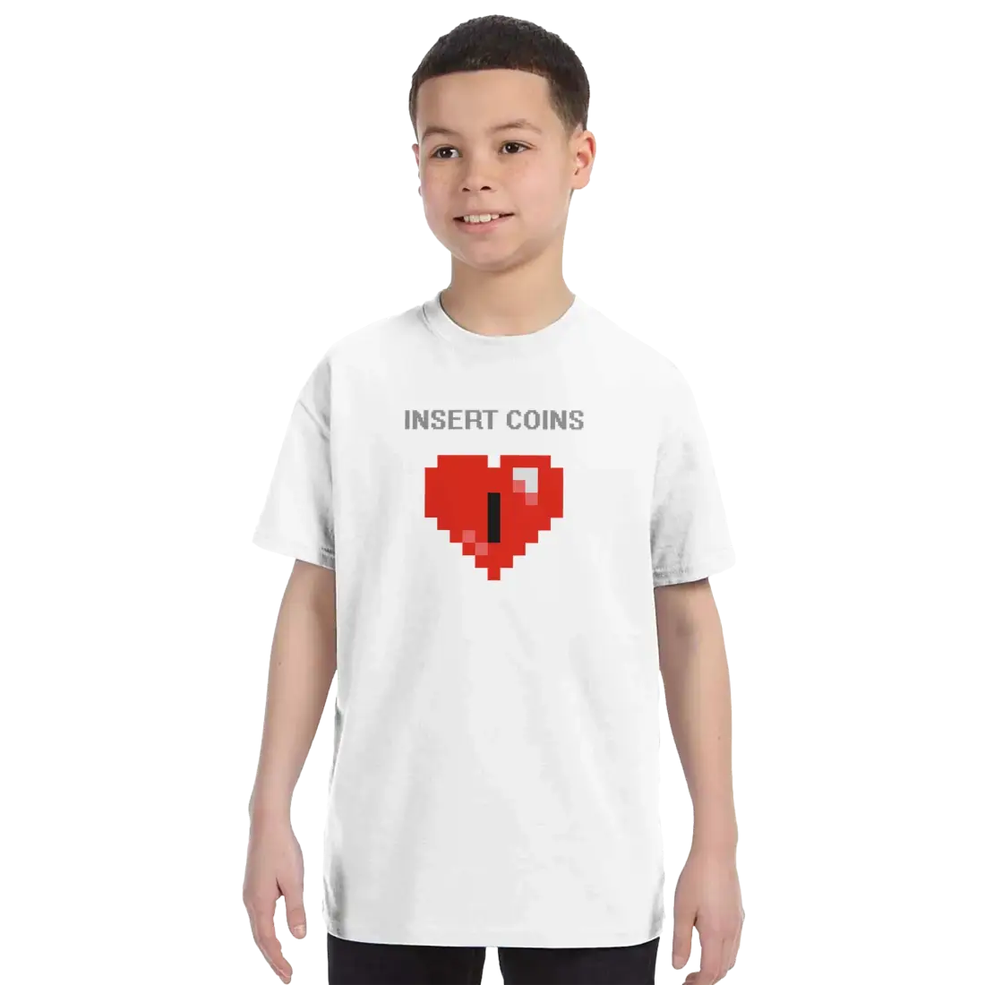 Start2Finish 8-bit Heart T-shirt with Insert Coins graphic, casual apparel featuring retro gaming-inspired design.