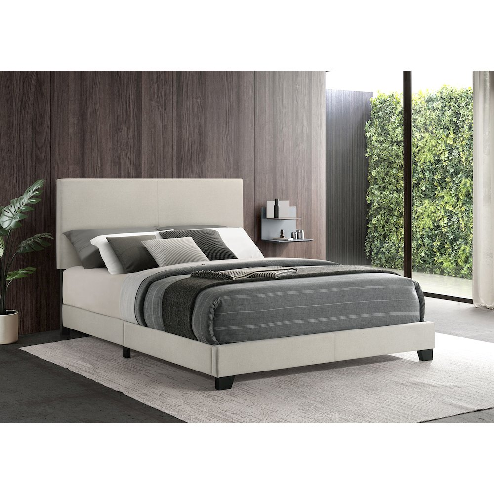 Cream fabric upholstered queen panel bed with clean lines and headboard, featuring a classic design from Start2Finish.