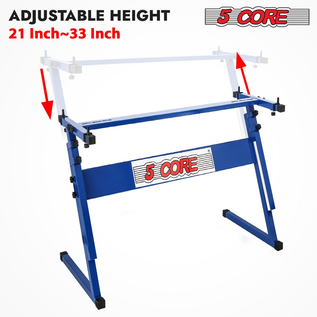 Start2Finish 5-core adjustable Z-style metal keyboard stand for electric pianos, foldable with 330lb capacity and adjustable height.