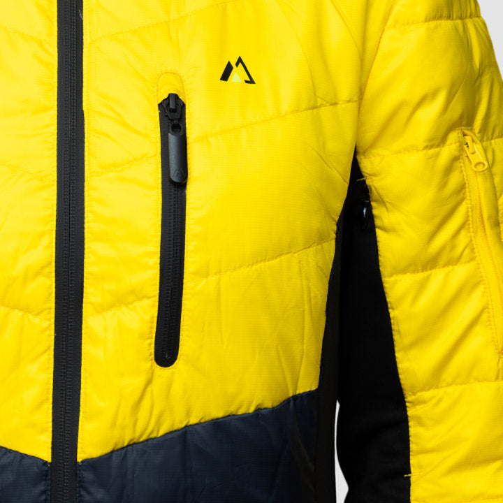Women’s yellow EcoDown jacket by Rose Hemera, activewear style, with a puffy, insulated design and a hood for outdoor warmth.