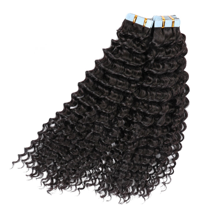 Natural black deep curly tape-in hair extensions by Peach Epimetheus, showcasing long, voluminous, textured hair.
