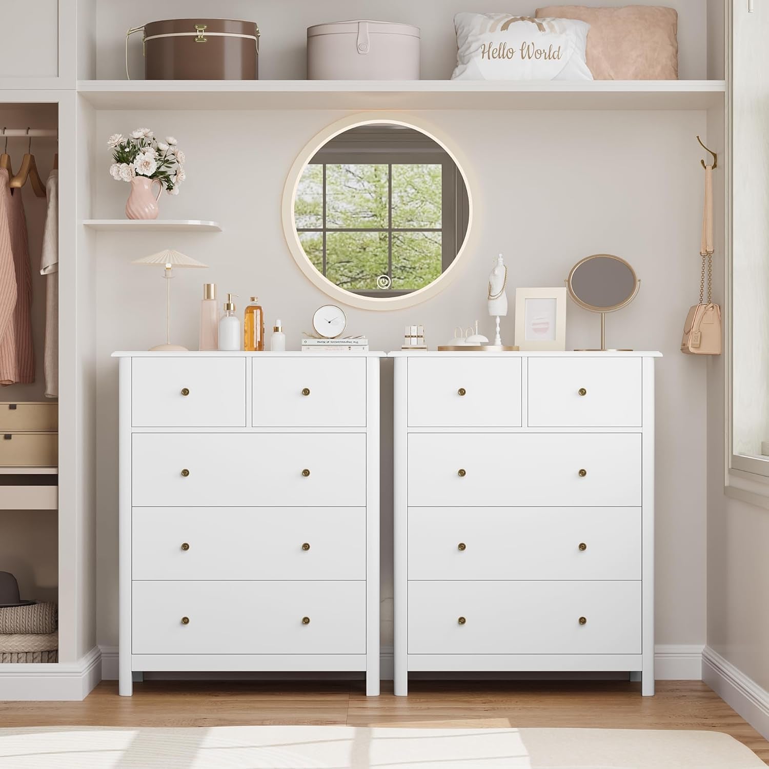 White Peach Maple five-drawer dresser for bedroom storage, showcasing sleek wooden furniture with modern design and ample drawer space.