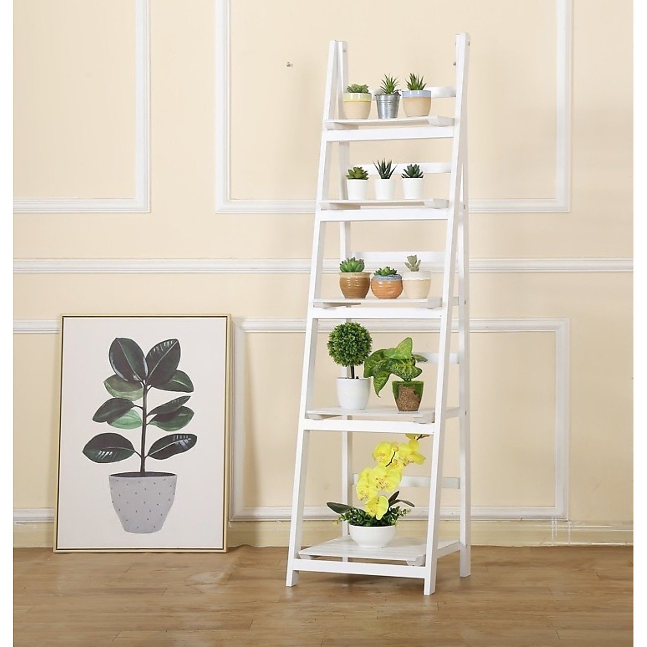White 5-tier wooden ladder shelf stand for home storage and book display, by Magenta Danae.