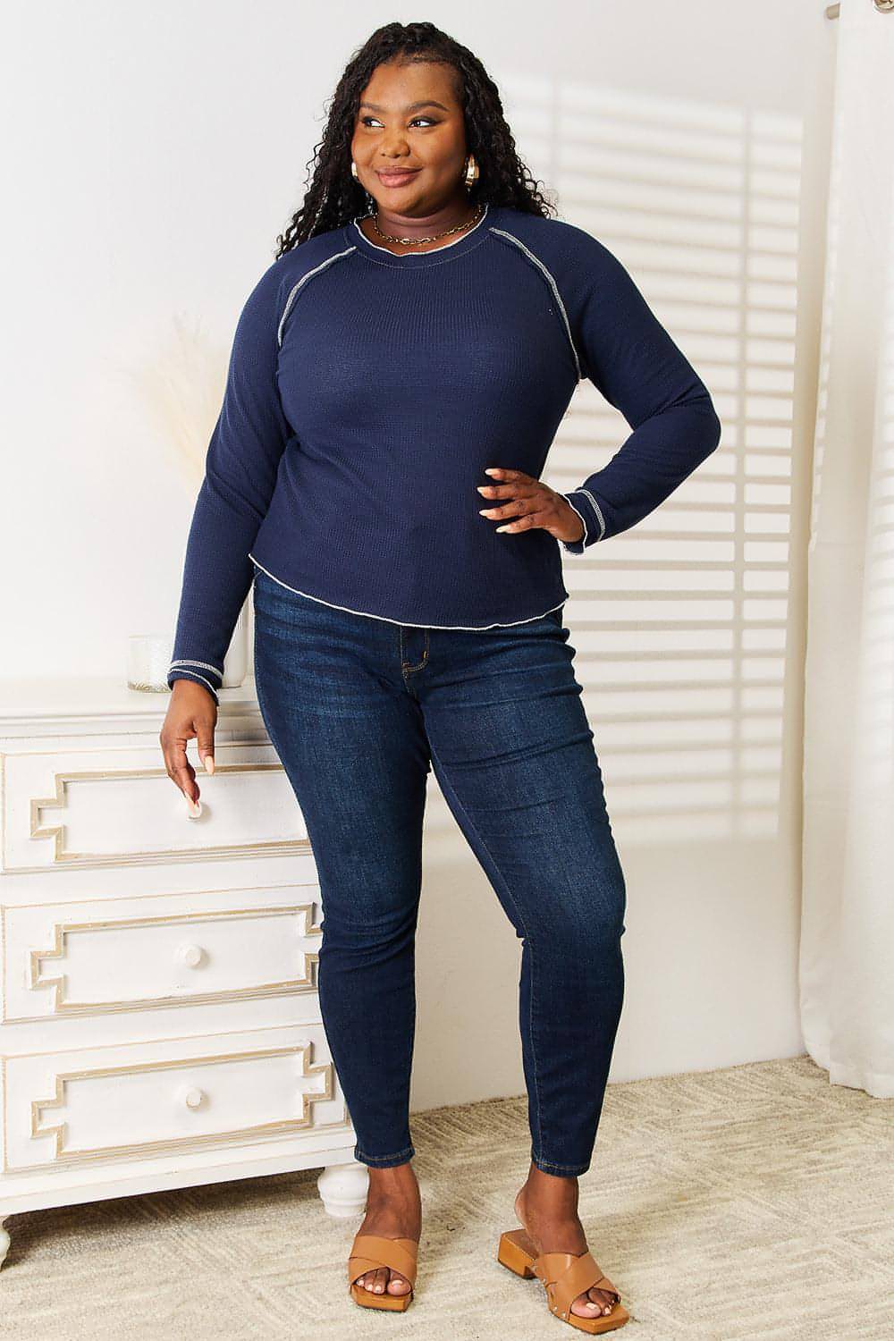 Carmine Juneberry Basic Bae long raglan sleeve round neck top, casual gifts, soft fabric, and relaxed fit, shown in a light-colored design.