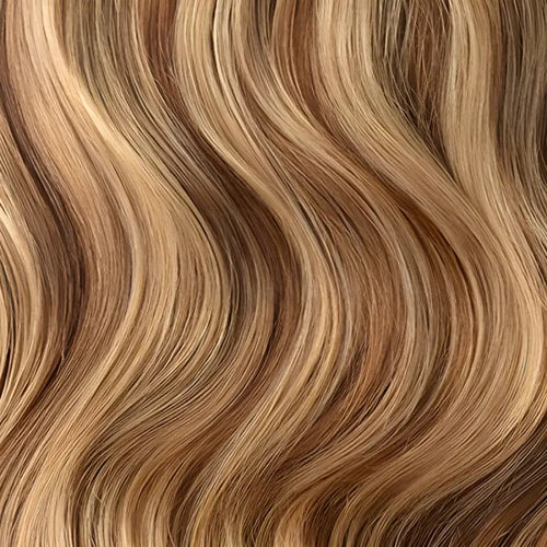 Light brown honey blonde Holly straight HD lace human hair wig with 2x6 closure from Peach Clymene, shown with a small topper.