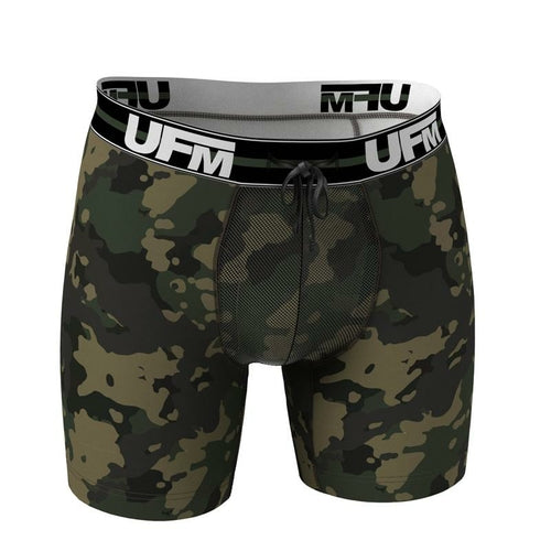 Maroon Mango UFM Boxer Brief 6-inch in polyester with MAX support, shown in black with waistband and supportive pouch.