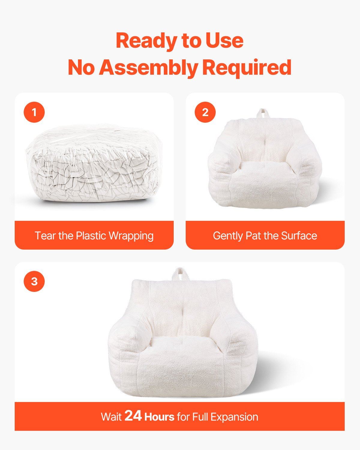 Start2Finish VEVOR 3-foot white bean bag chair with soft armrests, storage pocket, memory foam fill, and teddy velvet cover.