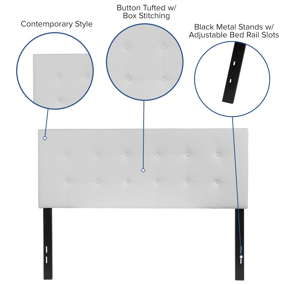 Tufted upholstered full size headboard in white vinyl with plush cushioning, by Start2Finish, shown in a bedroom setting