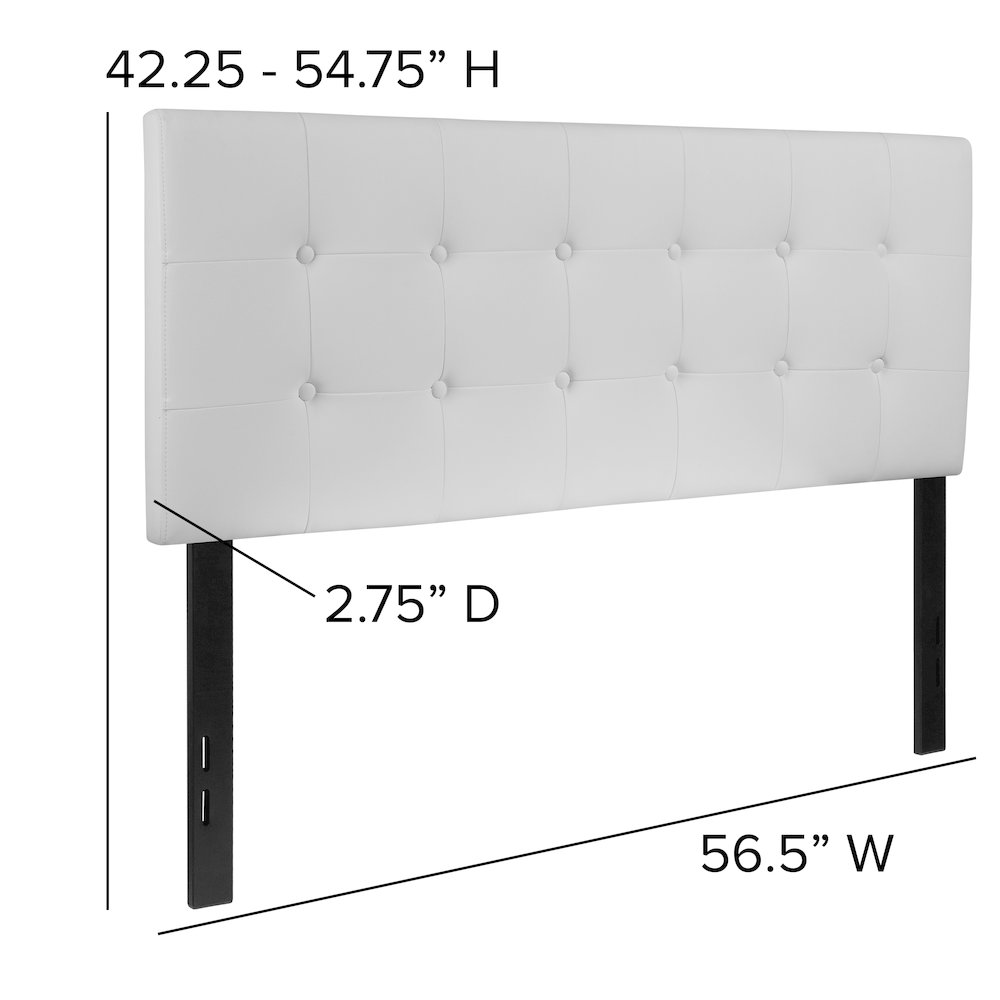 Tufted upholstered full-size headboard in white vinyl, featuring a padded, tufted design for a stylish bedroom accent.