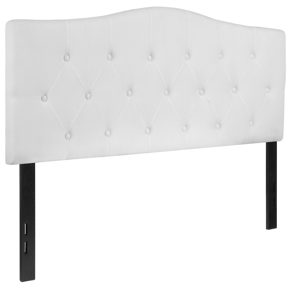 White tufted upholstered full-size headboard in fabric with button-tufted design, ideal for bedroom furniture.