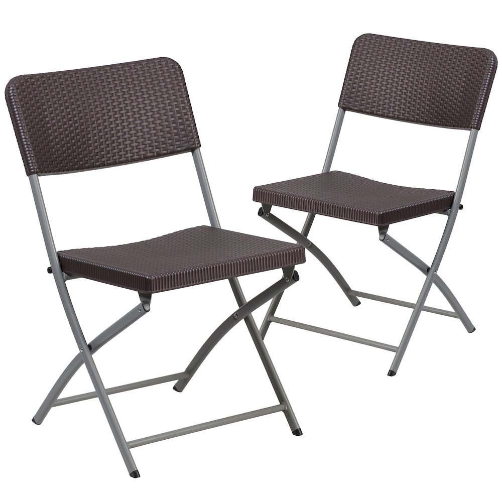 Two brown rattan plastic folding chairs with gray frames from HERCULES Series by Start2Finish, displayed in a folded position.