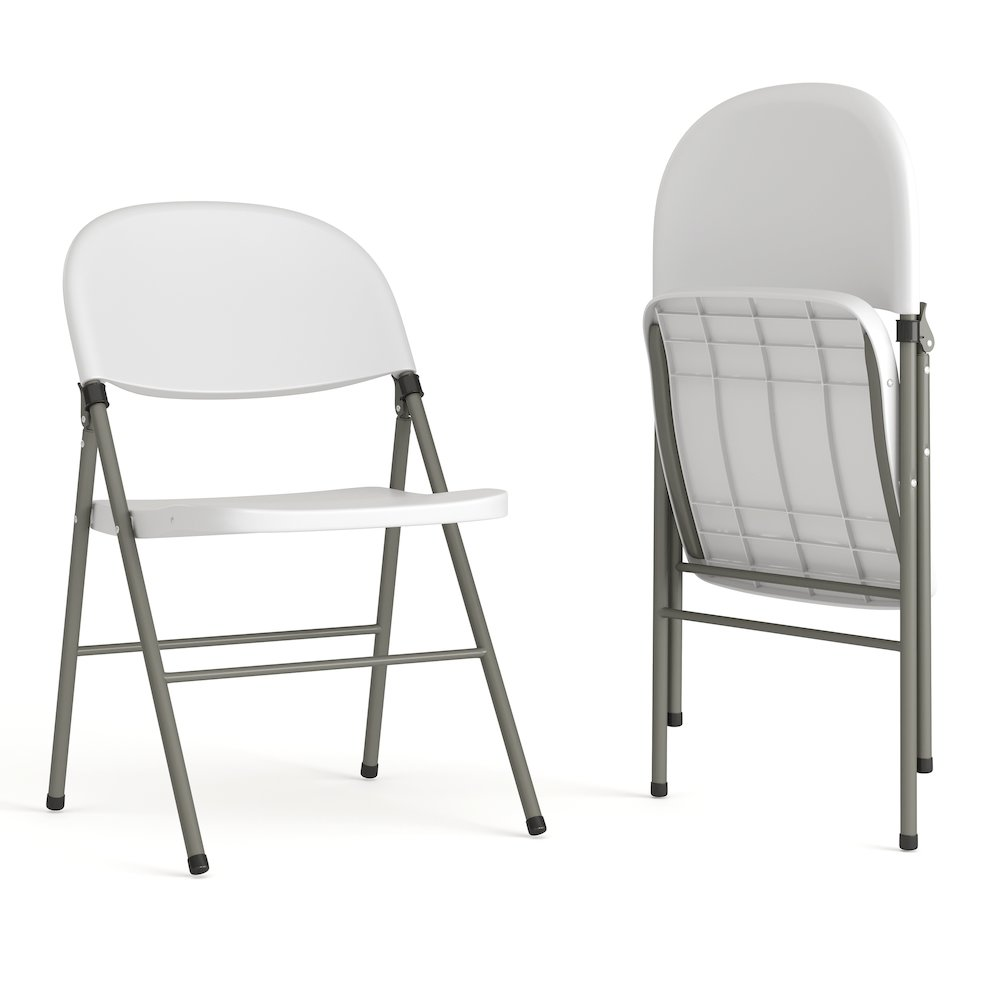 Set of 2 Hercules Series white plastic folding chairs with gray metal frames, lightweight and suitable for indoor or outdoor use.