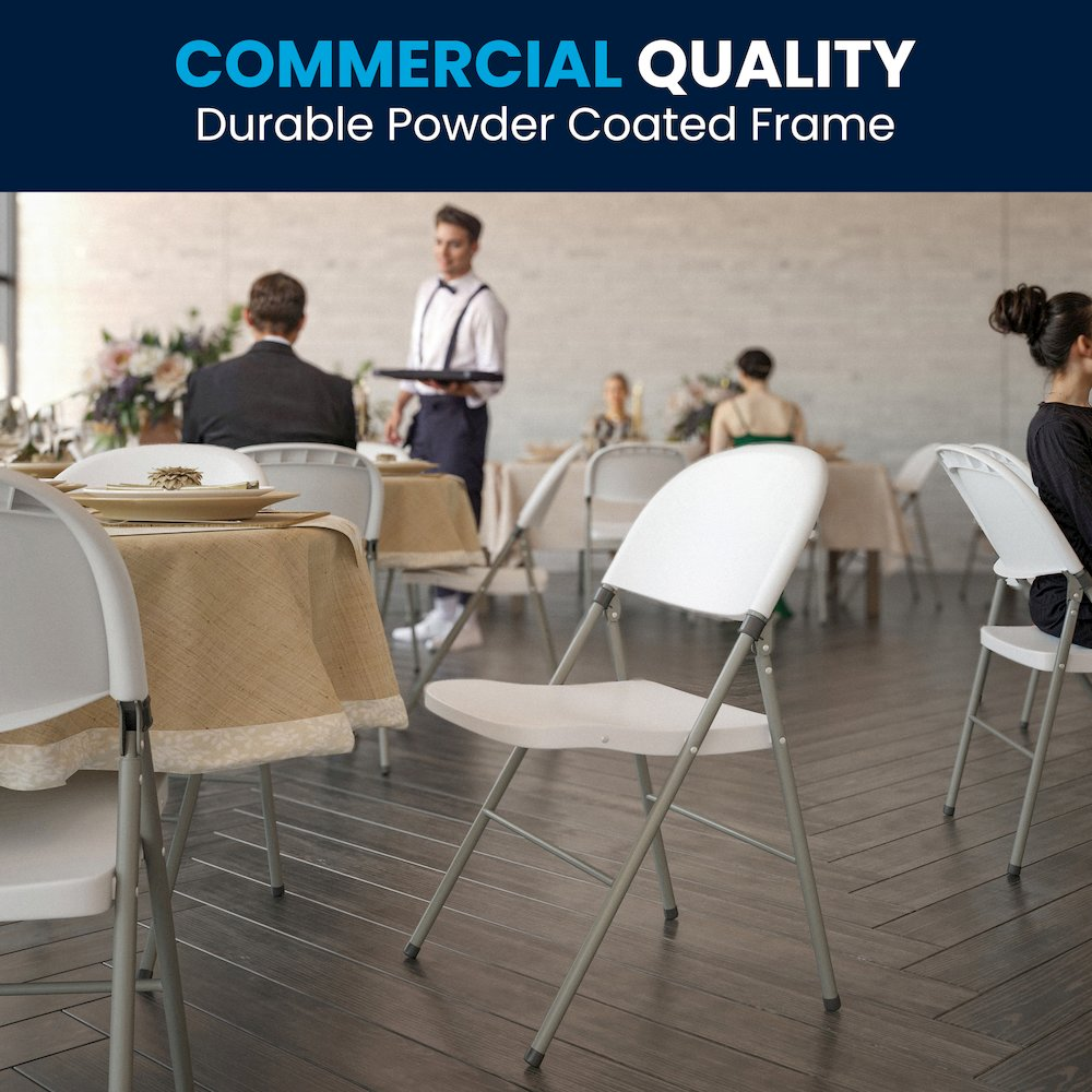 Start2Finish Hercules Series white plastic folding chairs with gray frames, lightweight and set of 2 for easy seating.